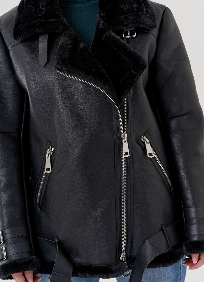 Женская дубленка пилот из эко кожи черного цвета  модель № 79311 универмаг малина