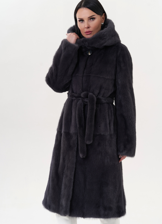 Шуба из норки с капюшоном модель № 26695 меха малина