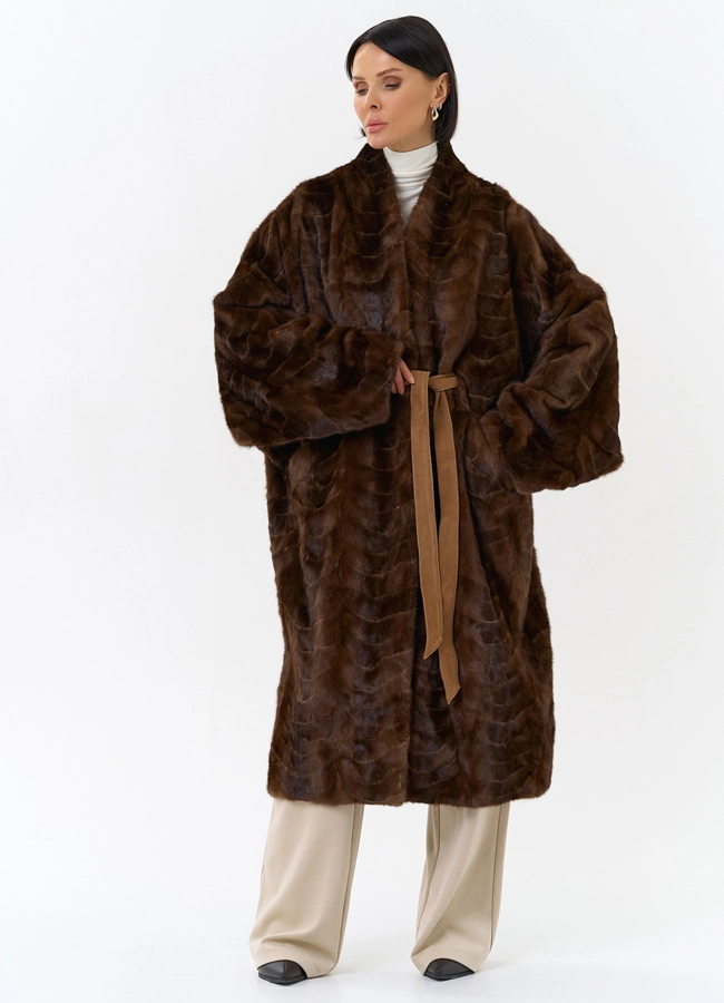 Шуба из меха норки с поясом модель № 31184 меха малина