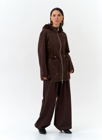 Двухсторонняя дубленка из эко замши с капюшоном