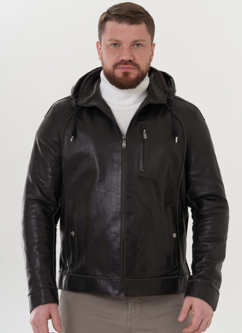 Мужская кожаная куртка с капюшоном