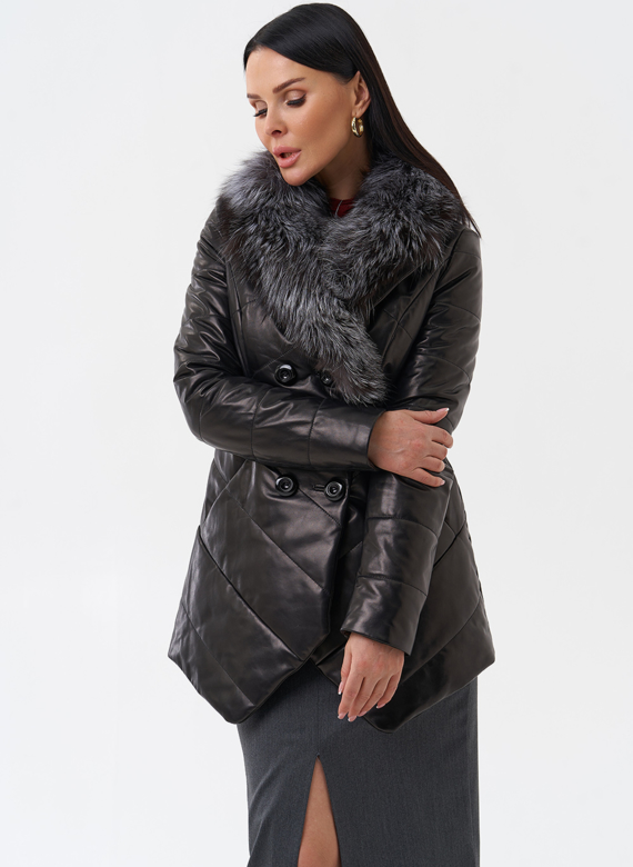 Кожаный пуховик с мехом из чернобурки