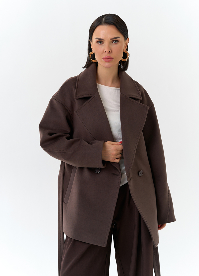 Женское укороченное пальто с поясом модель № 32683 универмаг малина