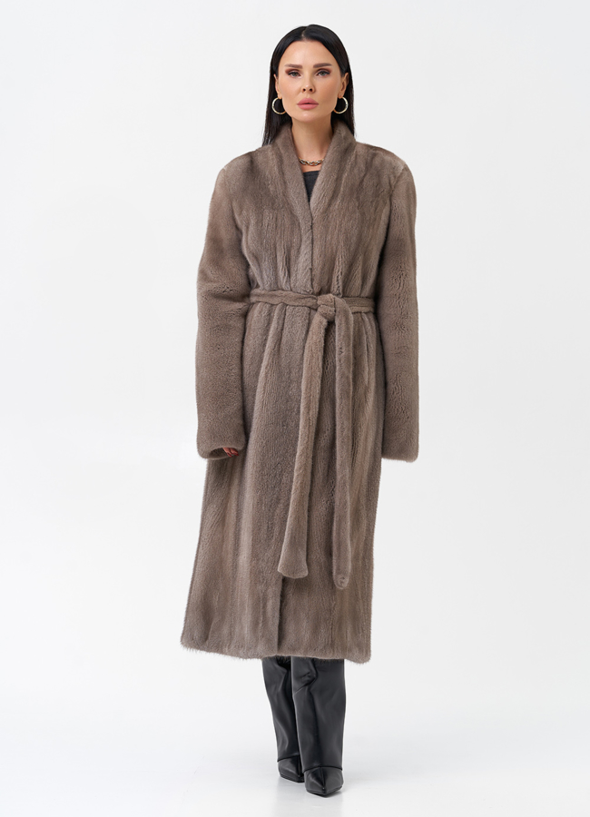 Длинная шуба из норки с поясом модель № 29088 в рассрочку