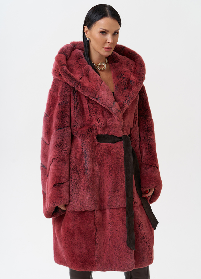 Шуба из меха кролика с капюшоном модель № 28897 универмаг малина