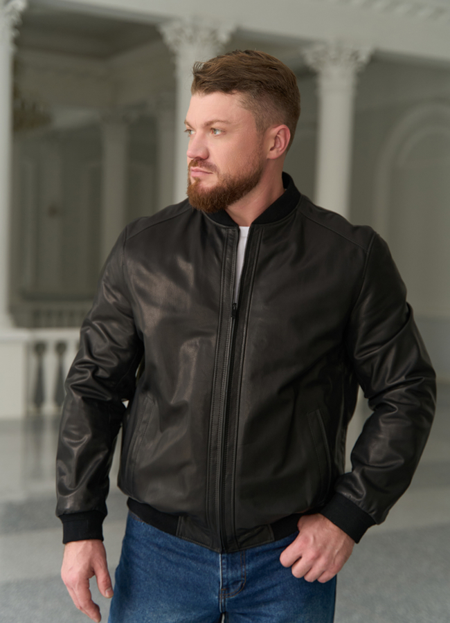 Мужская куртка бомбер из натуральной кожи модель № 24484 меха малина
