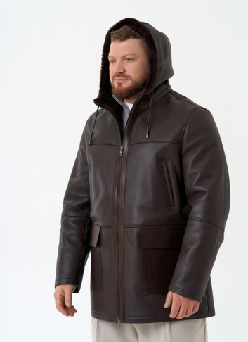 Мужская натуральная дубленка с капюшоном