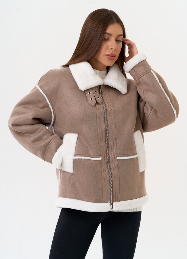 Женская дубленка из эко замши с воротником стойкой модель № 31504 в кредит