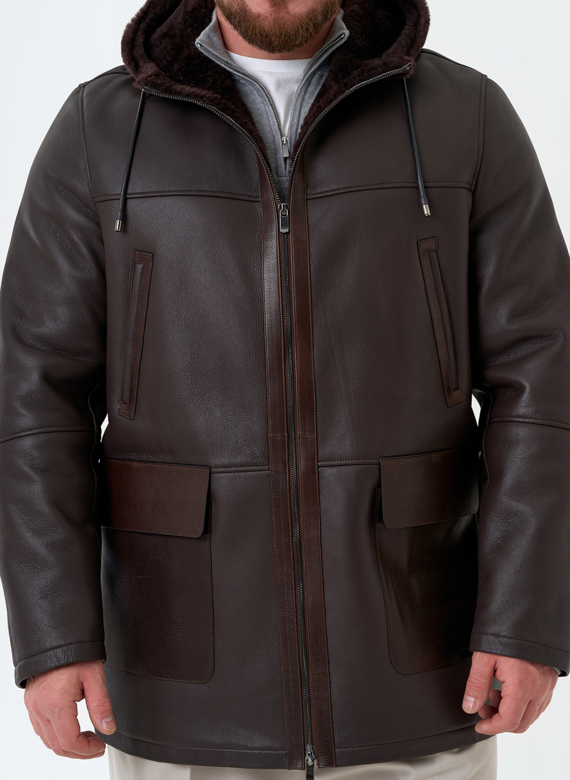 Мужская натуральная дубленка с капюшоном