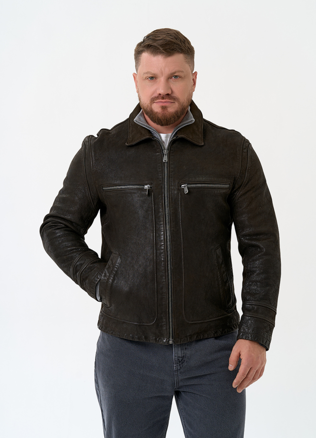 Мужская куртка из натуральной кожи модель № 30061 меха малина
