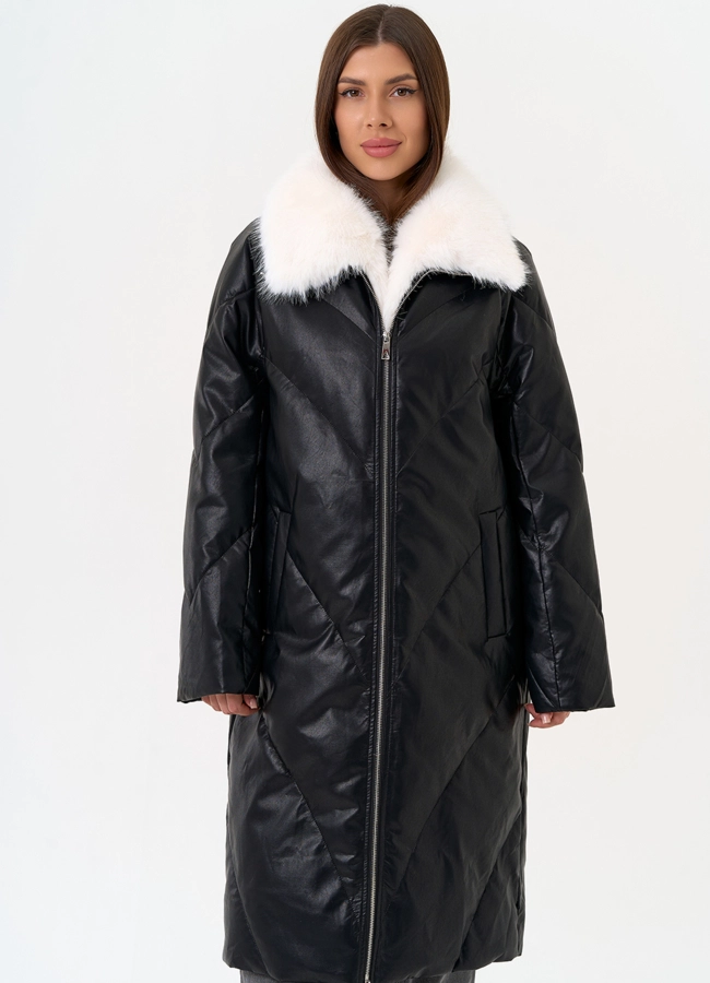Женский пуховик из эко кожи с отделкой из эко меха модель № 30713 в кредит