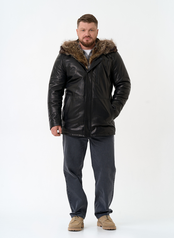 Мужская натуральная дубленка на волке с отделкой из меха енота