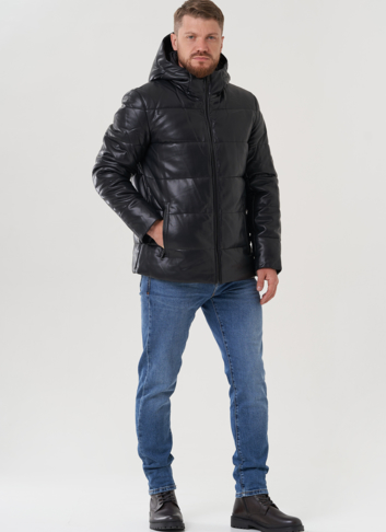 Пуховик мужской из эко кожи с капюшоном 