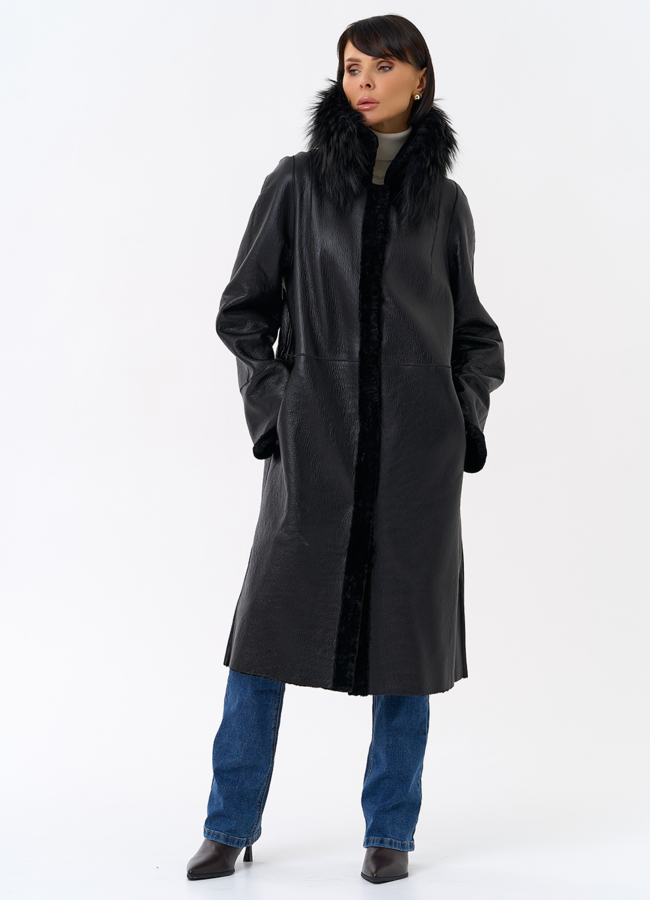 Женская двухстороняя дубленка с воротником из меха чернобурой лисы модель № 31932 универмаг малина