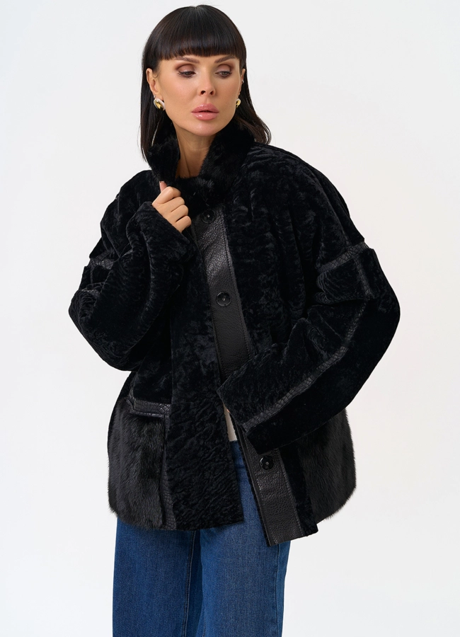 Женская двухсторонняя дубленка с воротником стойкой модель № 31480 в рассрочку