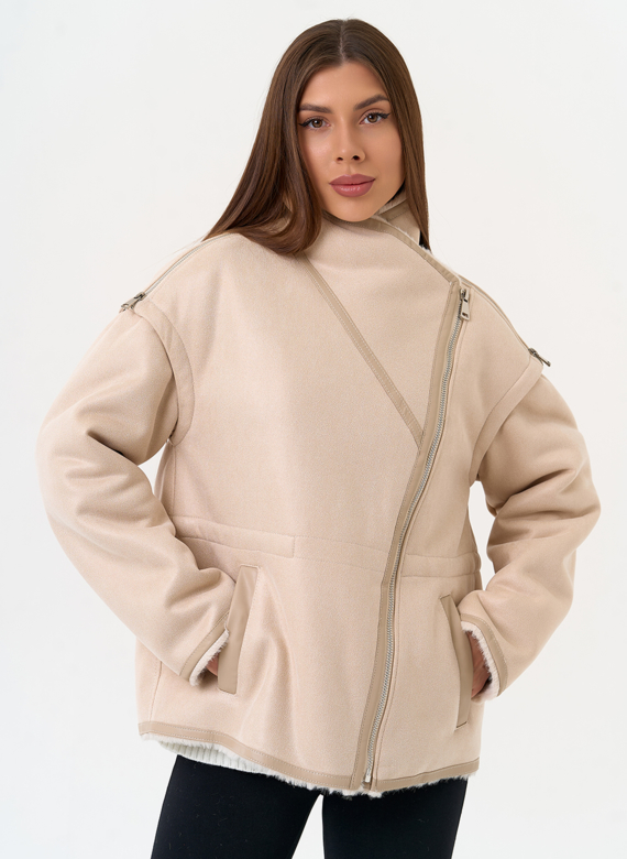 Женская дубленка из эко замши с отложным воротником