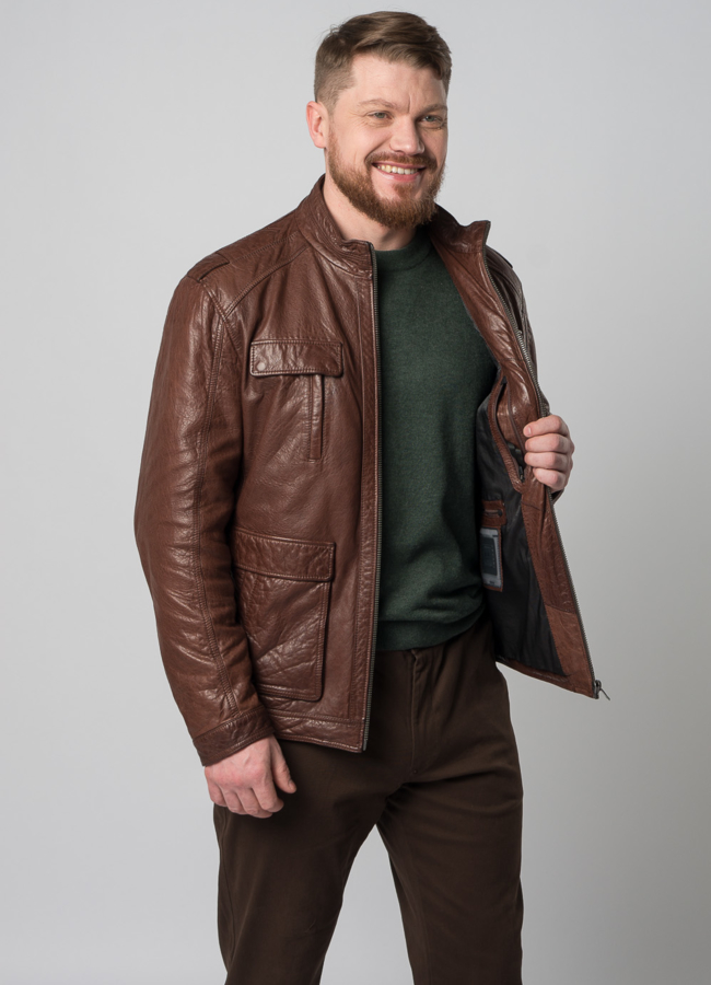 Мужская кожаная куртка коричневого цвета модель № W8055 универмаг малина