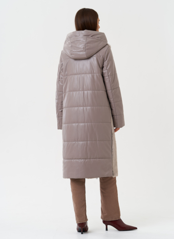 Комбинированный пуховик из эко кожи с капюшоном