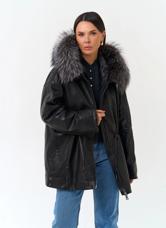 Женский пуховик из натуральной кожи с чернобуркой фото