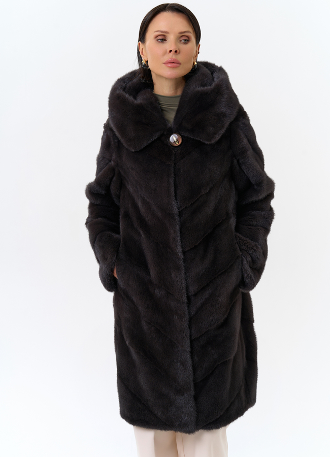Норковая шуба с капюшоном модель № 25605 универмаг малина
