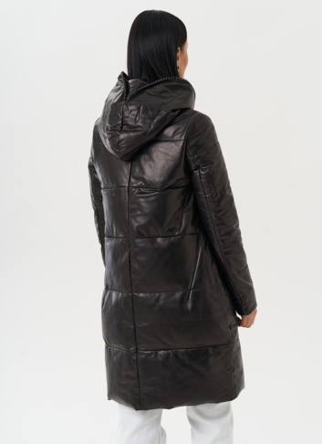 Кожаный пуховик с капюшоном