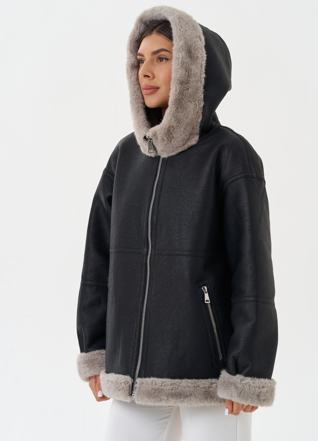 Женская эко дубленка с капюшоном модель № 27760 универмаг малина