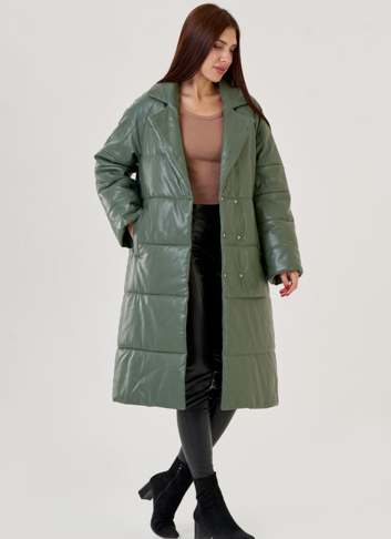 Женский классический пуховик Malina Siberian из эко кожи в зеленом цвете