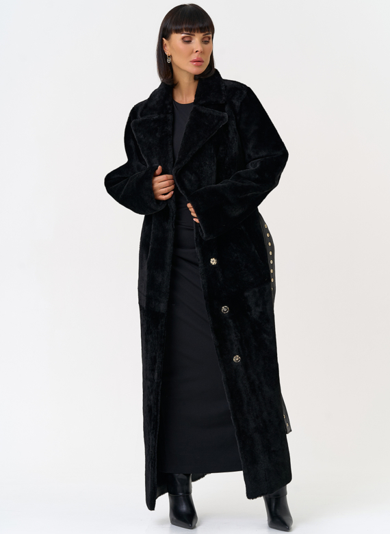 Женская натуральная дубленка с двойным поясом