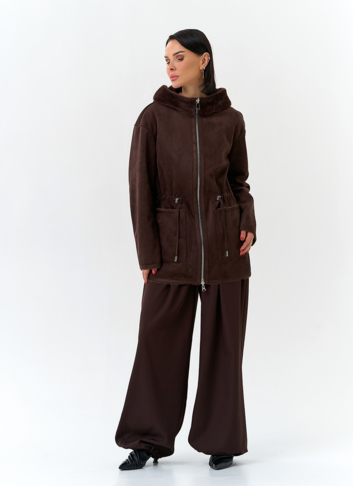 Двухсторонняя дубленка из эко замши с капюшоном