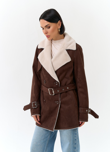 Женская дубленка из эко замши с английским воротником