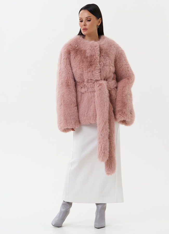 Шуба из эко песца в нежно-розовом цвете модель № 31264 меха малина