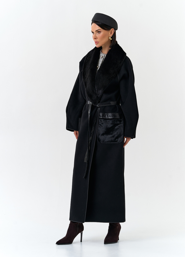 Женское длинное пальто с воротником из меха норки модель № 32648 универмаг малина