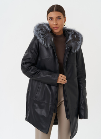 Утепленное полупальто из натуральной кожи с капюшоном 