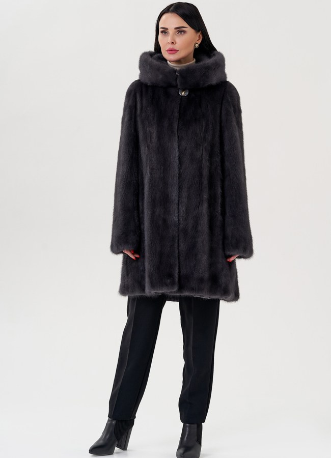 Норковая шуба балетка, в цвете графит с капюшоном модель № 25006 универмаг малина