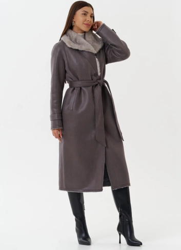 Длинная дубленка из эко кожи с воротником шаль
