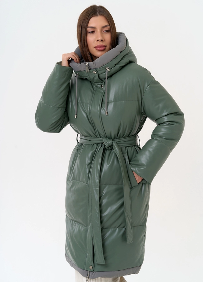 фото Женский пуховик из эко кожи с капюшоном модель № 30729