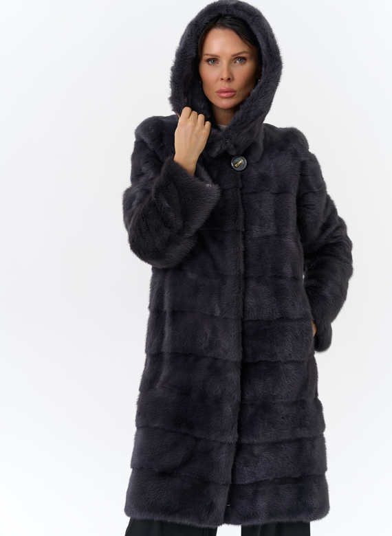 Норковая шуба в цвете графит с капюшоном 