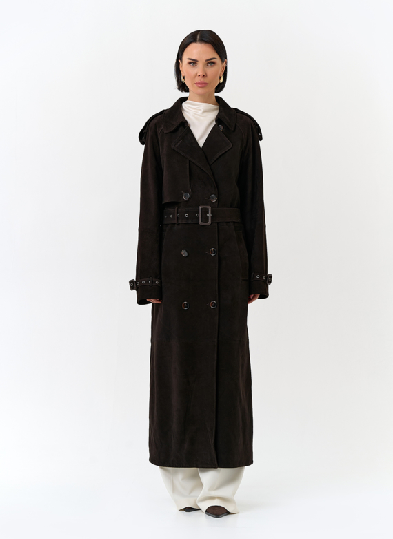 Женский длинный плащ из натуральной замши