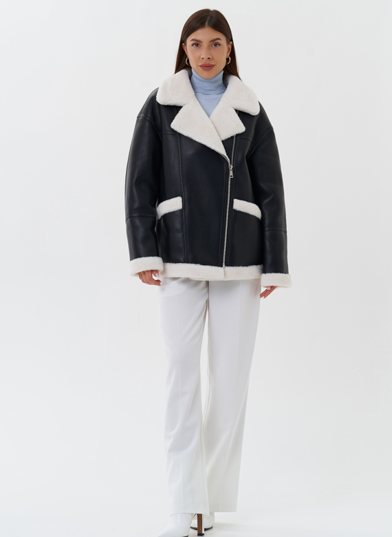 Дубленка из эко кожи черного цвета с черным эко мехом