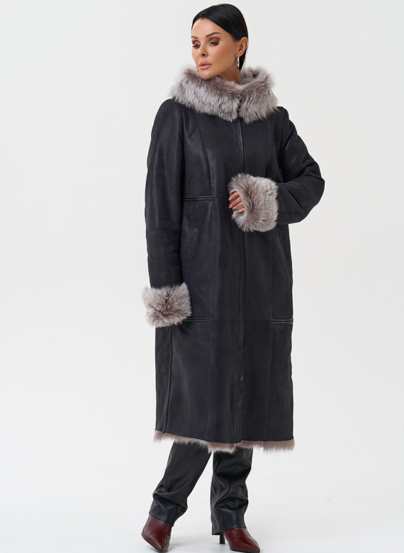 Дубленка с отделкой из тосканы с капюшоном