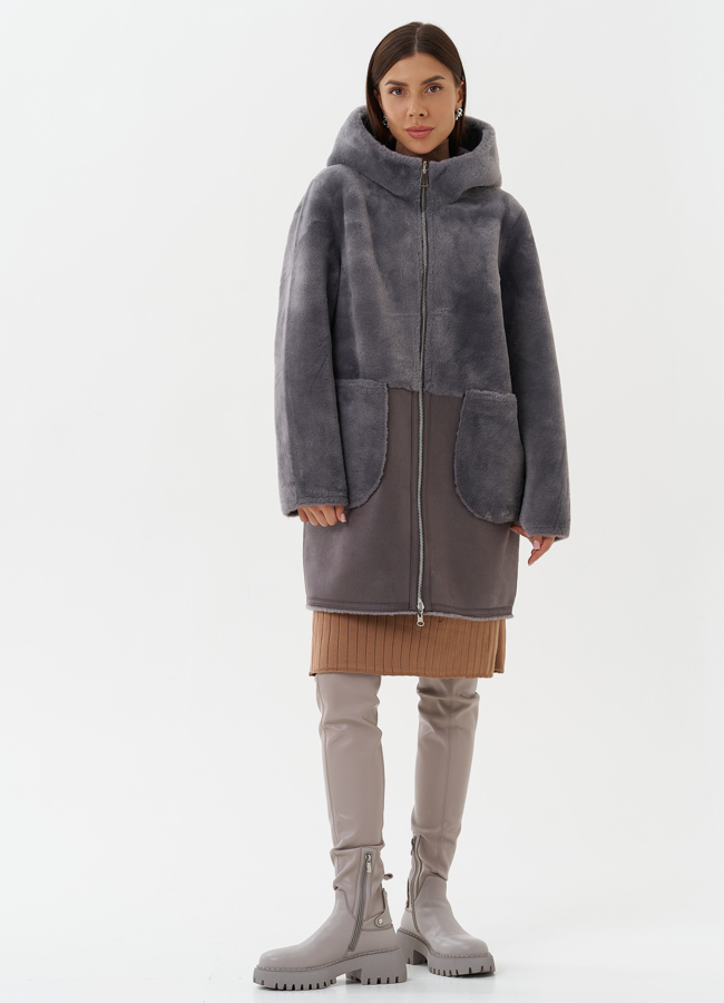 фото Двухсторонняя эко дубленка с капюшоном модель № 27764