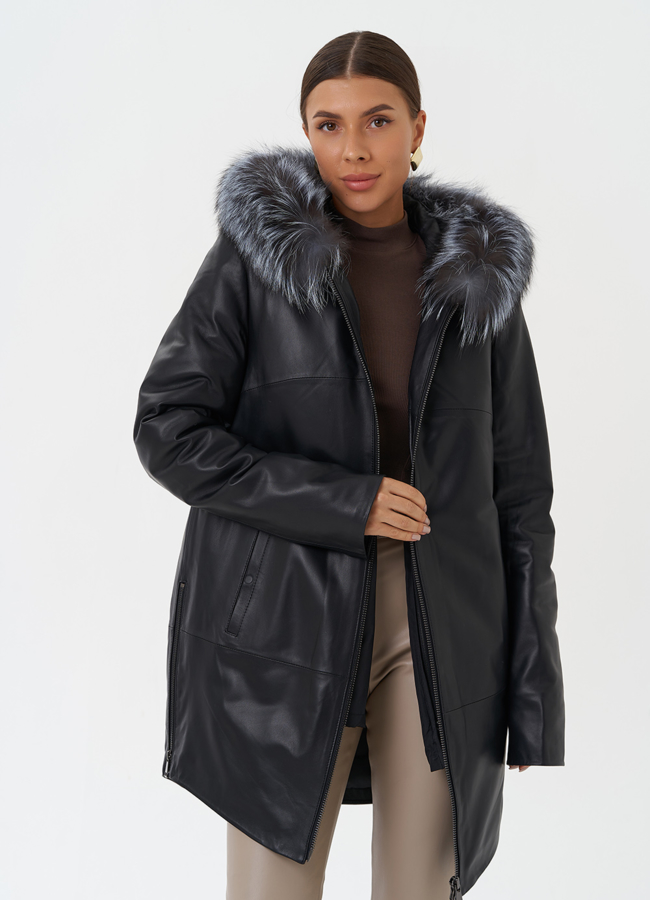 Утепленное полупальто из натуральной кожи с капюшоном  модель № 20201 универмаг малина