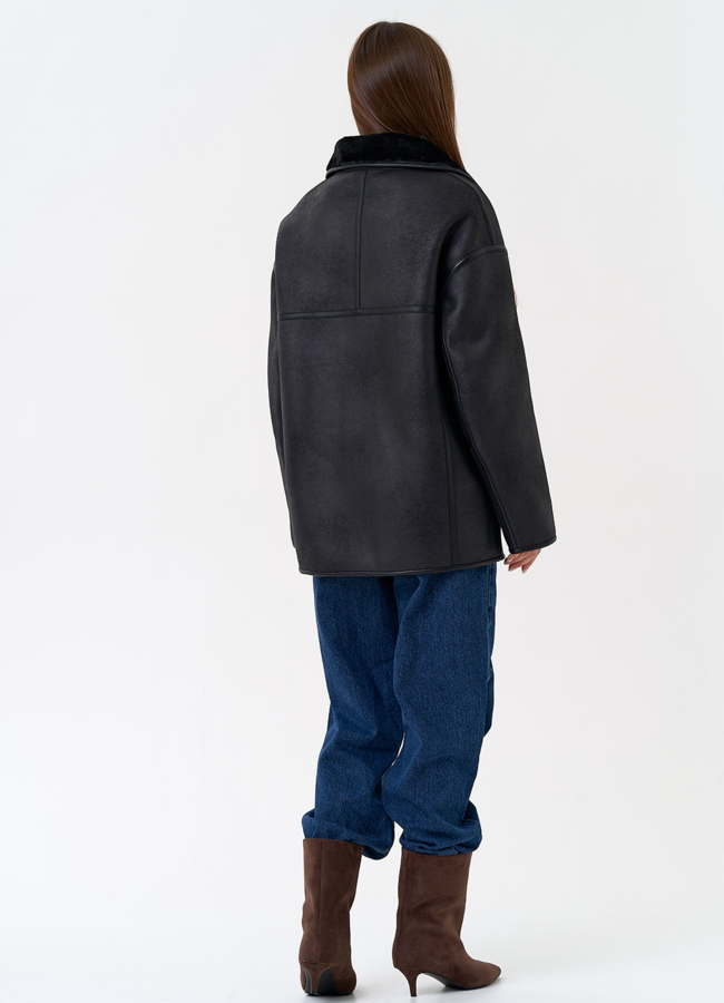 Женская двухсторонняя дубленка из эко замши в черном цвете модель № 31286 в кредит